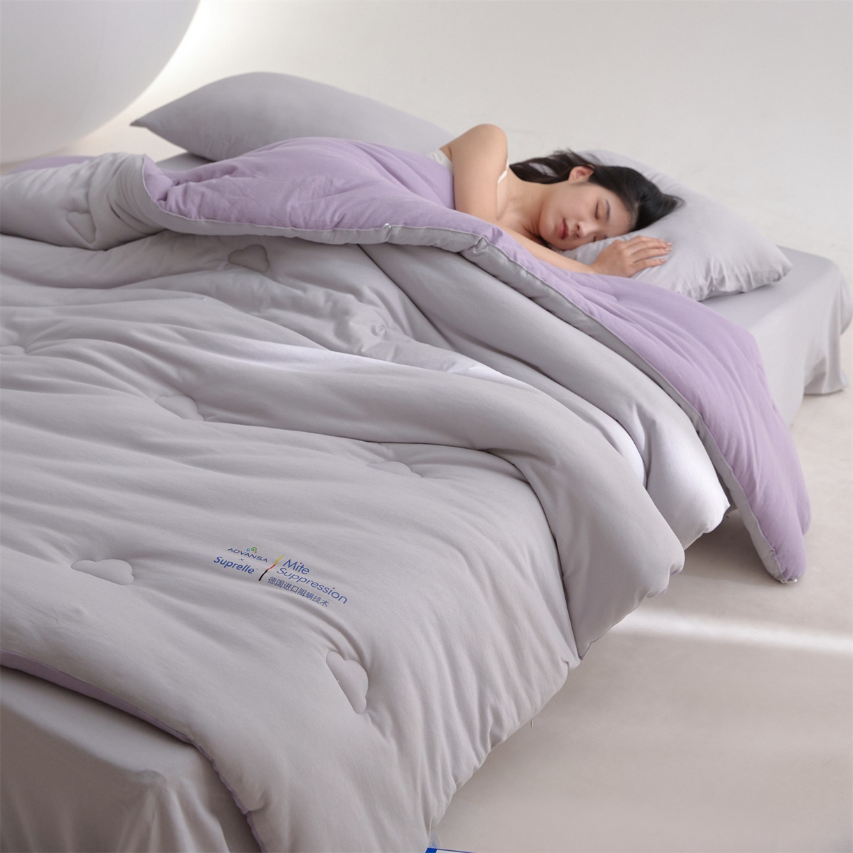 91家纺网 家纺一手货源 找家纺 头等舱 2025新款全棉A类针织 零压 深睡 德国ADVANSA 抗菌 100%阻螨低致敏秋冬被（模特图） 糖霜芋泥