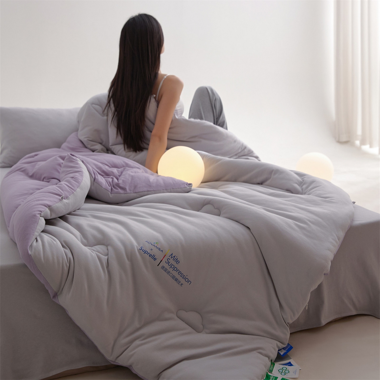 91家纺网 家纺一手货源 找家纺 头等舱 2025新款全棉A类针织 零压 深睡 德国ADVANSA 抗菌 100%阻螨低致敏秋冬被（模特图） 糖霜芋泥