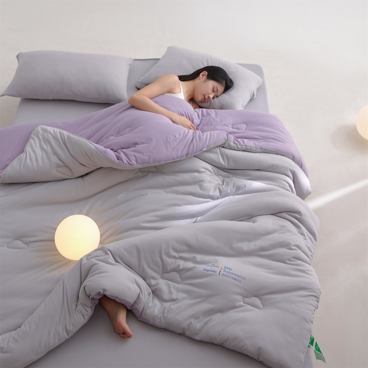 91家纺网 家纺一手货源 找家纺 头等舱 2025新款全棉A类针织 零压 深睡 德国ADVANSA 抗菌 100%阻螨低致敏秋冬被（模特图） 糖霜芋泥