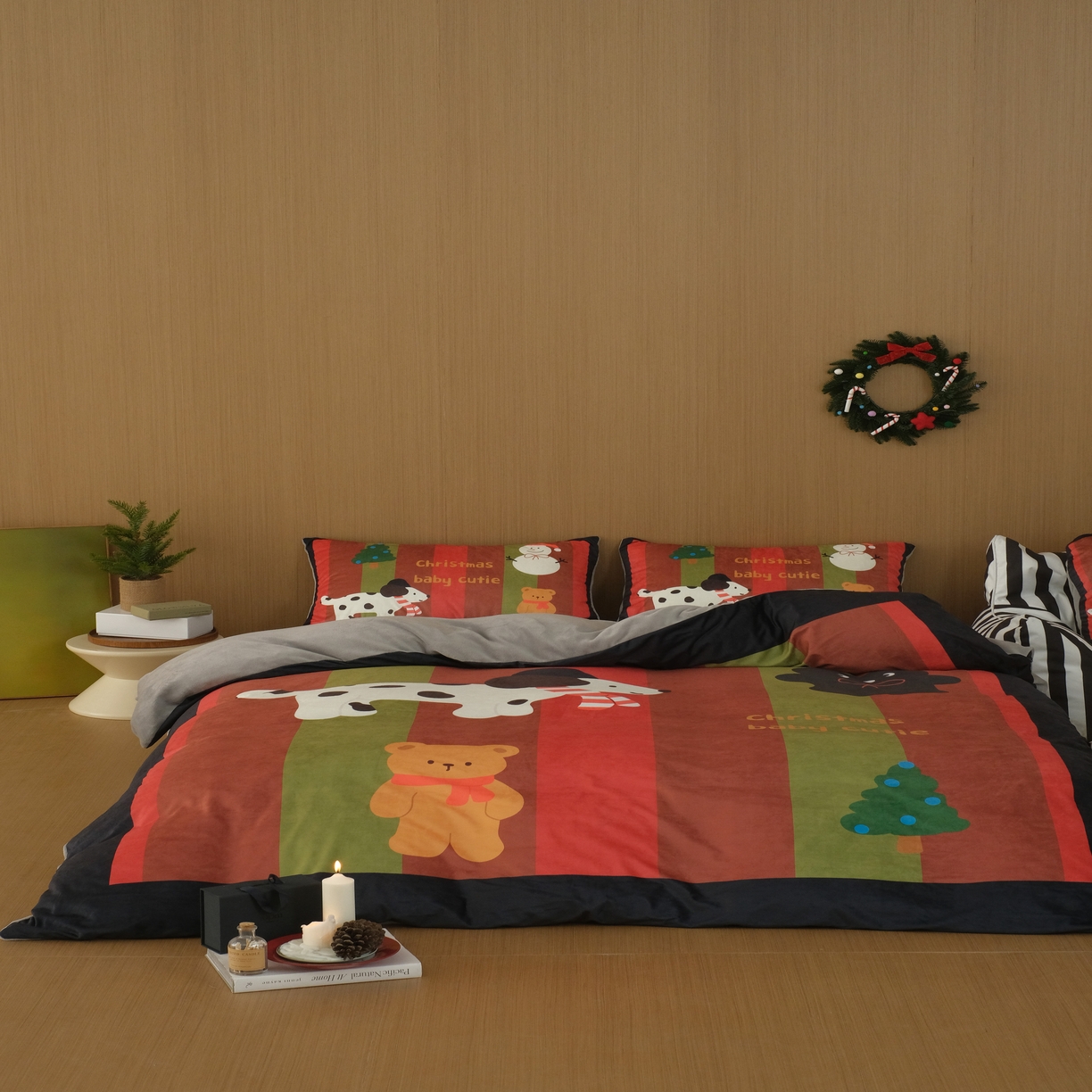 花沐家居 2025新款圣诞款牛奶绒四件套 竖条纹圣诞