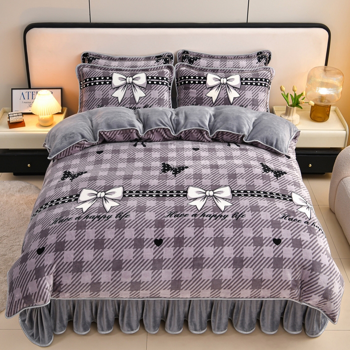 91家纺网 家纺一手货源 找家纺 新8.5-9.5斤法莱绒四件套珊瑚牛奶金貂绒四件套床裙 蝶影