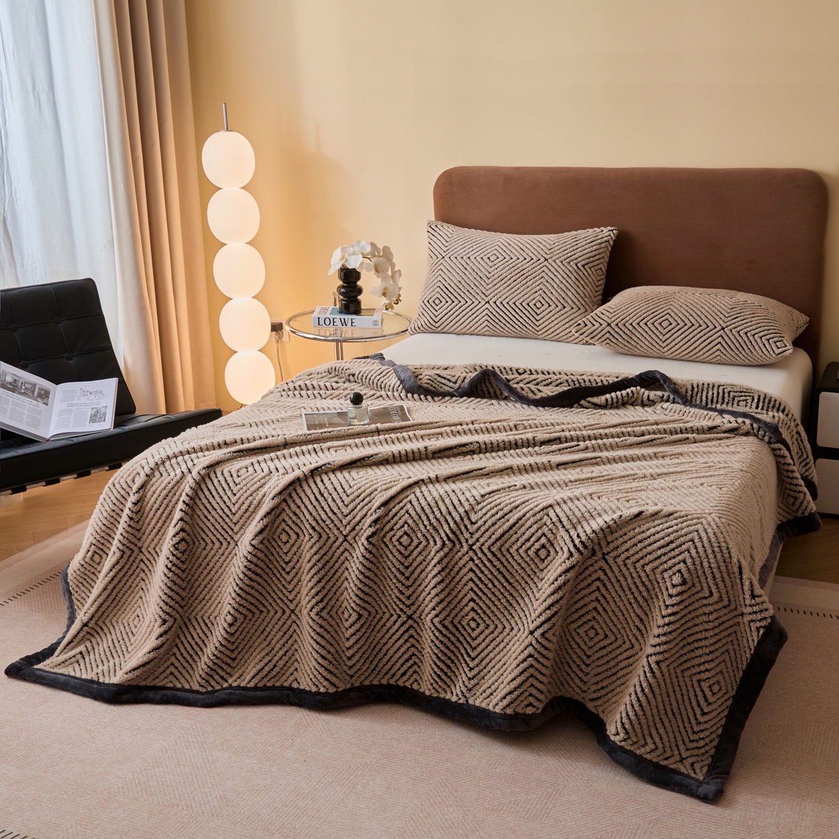 91家纺网 家纺一手货源 找家纺 欧邦 2025新款轻奢暖阳绒提花双面绒单层毯毯子 单层毯-檀木咖