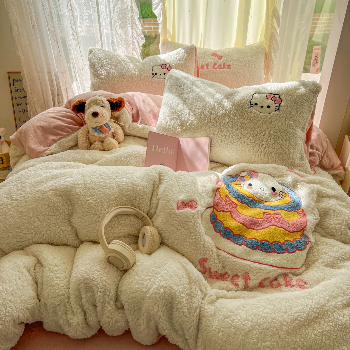 91家纺网 家纺一手货源 找家纺 颜选 2025新款卡通羊羔绒四件套 蛋糕猫