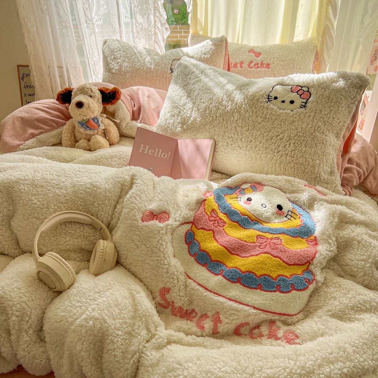 91家纺网 家纺一手货源 找家纺 颜选 2025新款卡通羊羔绒四件套 蛋糕猫