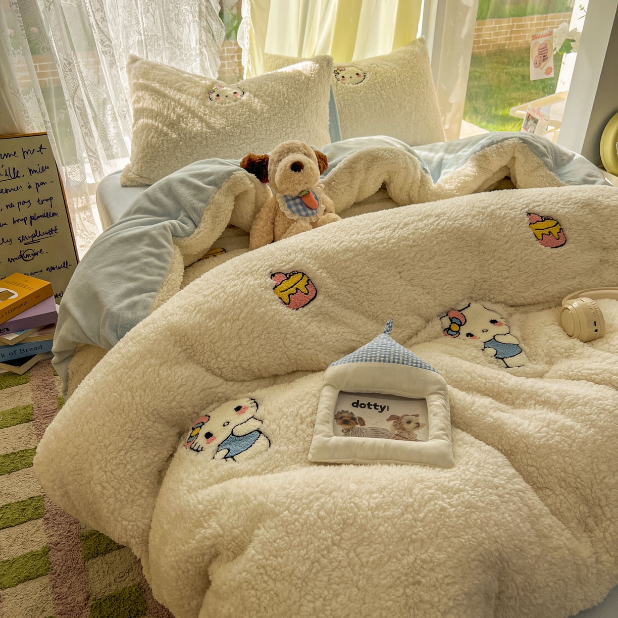 颜选 2025新款卡通羊羔绒四件套 蝴蝶结猫