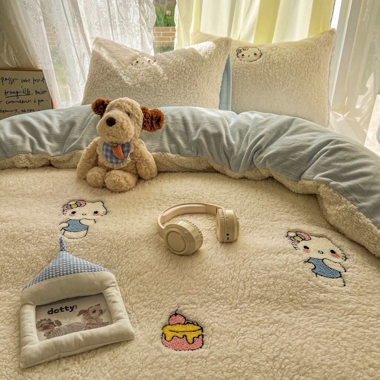 91家纺网 家纺一手货源 找家纺 颜选 2025新款卡通羊羔绒四件套 蝴蝶结猫