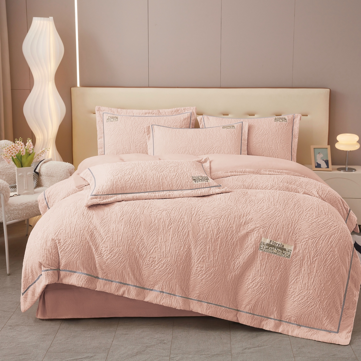 苏木年华 2025新款雕花绒宽边四件套-烟雨星云 烟雨星云-粉玉