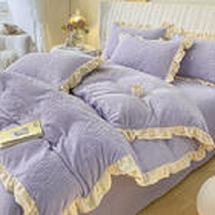 艾佳 2025新款高克重超柔牛奶绒婴儿绒雕花烂花四件套-山茶花系列 山茶花-韩版熏衣紫