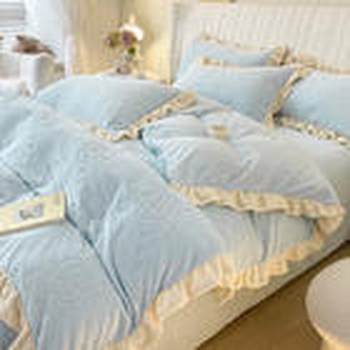 91家纺网 家纺一手货源 找家纺 艾佳 2025新款高克重超柔牛奶绒婴儿绒雕花烂花四件套-山茶花系列 山茶花-韩版梦幻蓝