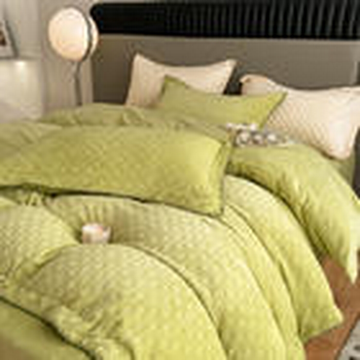 艾佳 2025新款华夫格高克重牛奶绒雕花三角贝壳边工艺加厚保暖四件套 华夫格奶绿