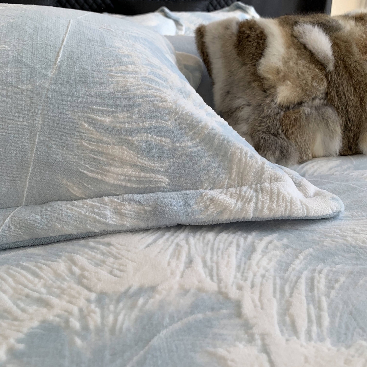 91家纺网 家纺一手货源 找家纺 莱豫家纺 2025秋冬新款加厚牛奶绒韩国雕花绒不静电不掉毛 羽毛蓝