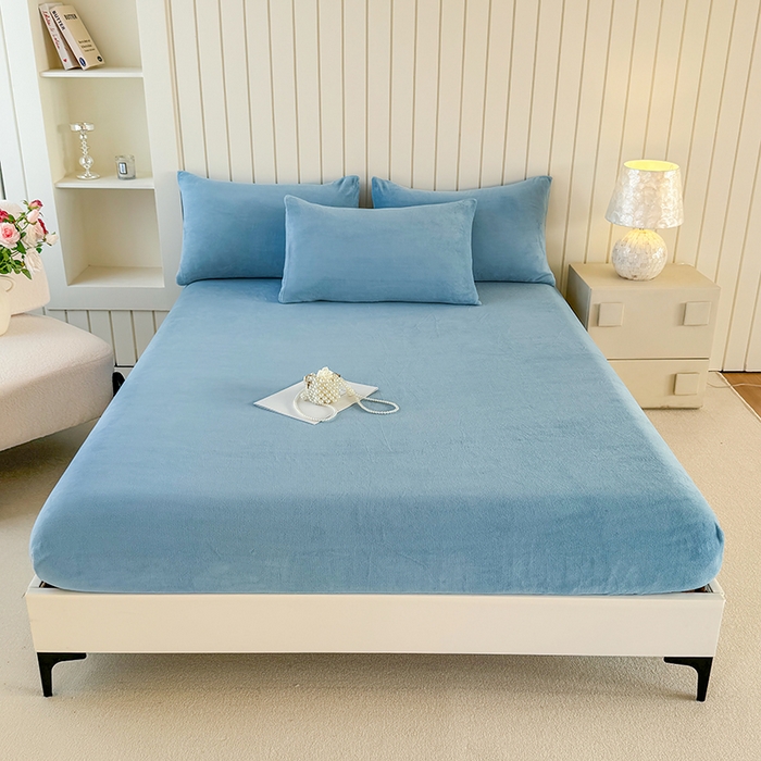 91家纺网 家纺一手货源 找家纺 十一家居 2025新款亲肤舒适高克重恒温亲肤舒适牛奶绒单件床笠单品床笠单床笠系列 海青蓝