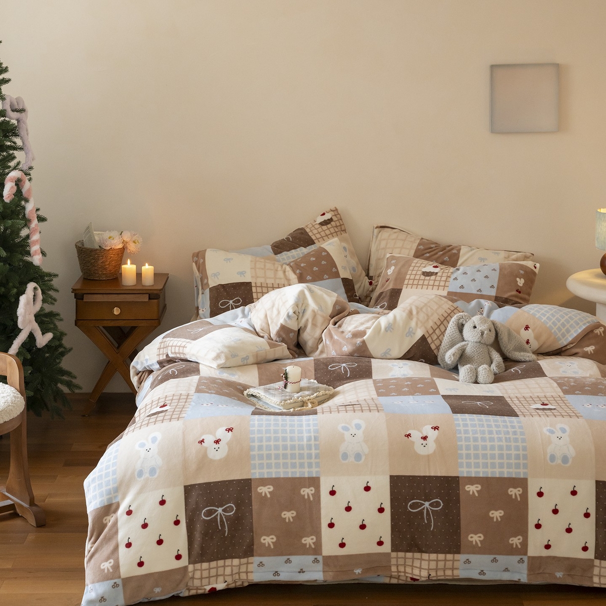 91家纺网 家纺一手货源 找家纺 时光里 2025新款230克印花牛奶绒系列四件套 格子兔