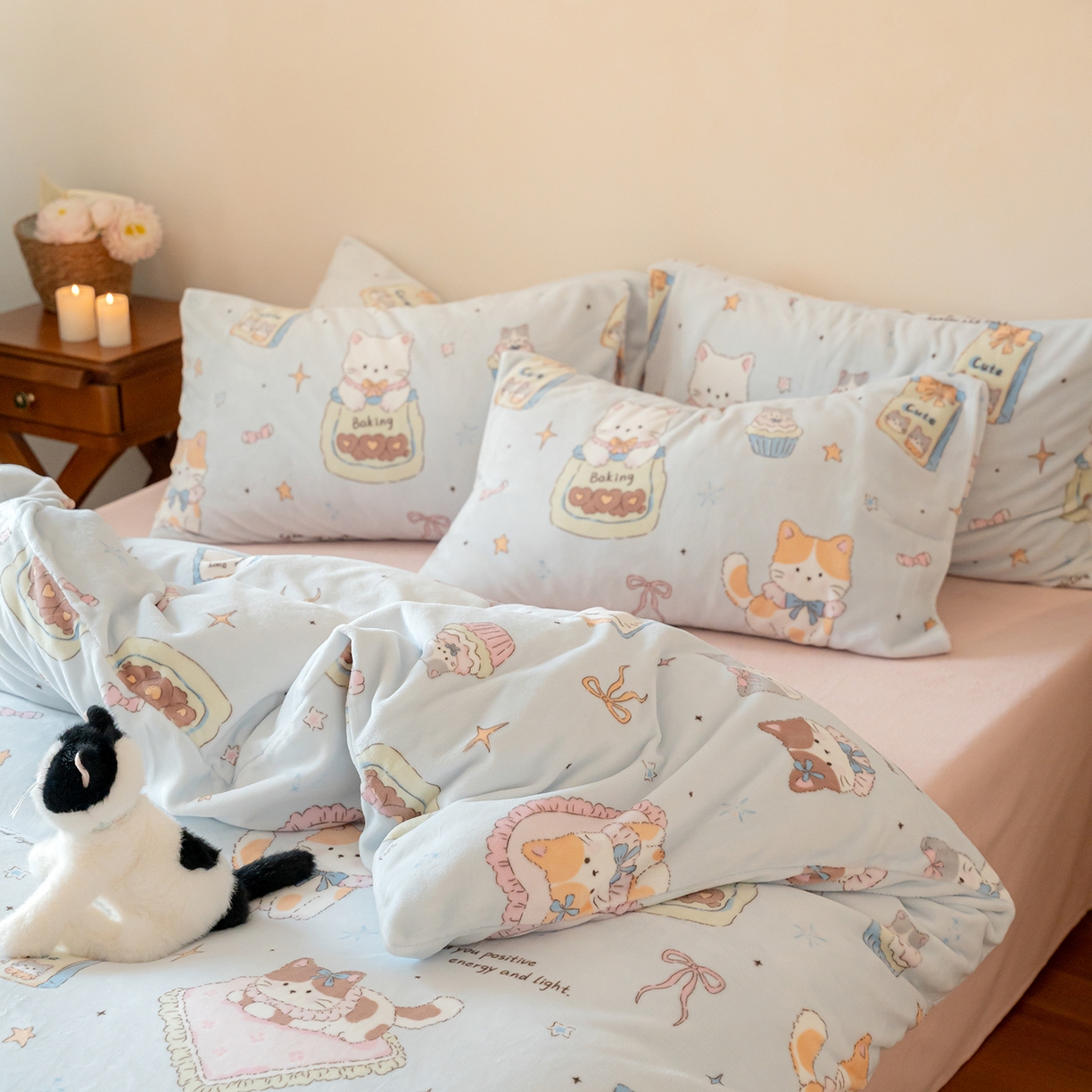 91家纺网 家纺一手货源 找家纺 时光里 2025新款230克印花牛奶绒系列四件套 喵星人