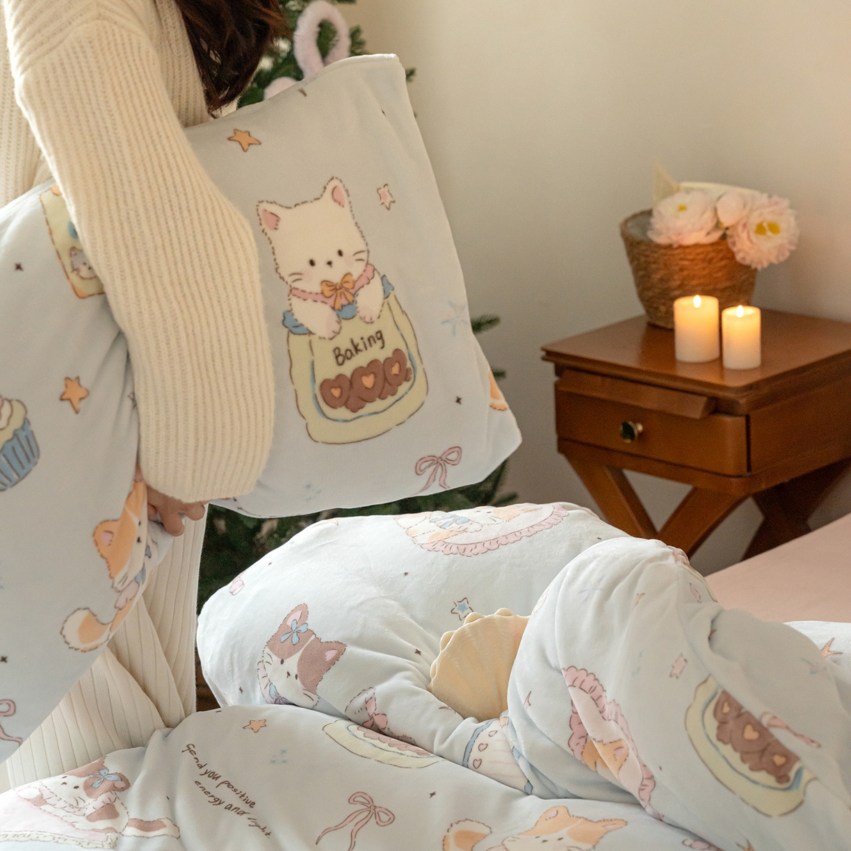 91家纺网 家纺一手货源 找家纺 时光里 2025新款230克印花牛奶绒系列四件套 喵星人