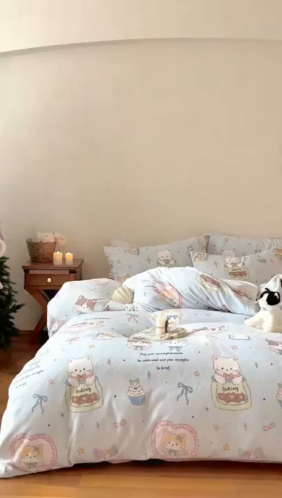 91家纺网 家纺一手货源 找家纺 时光里 2025新款230克印花牛奶绒系列四件套 喵星人