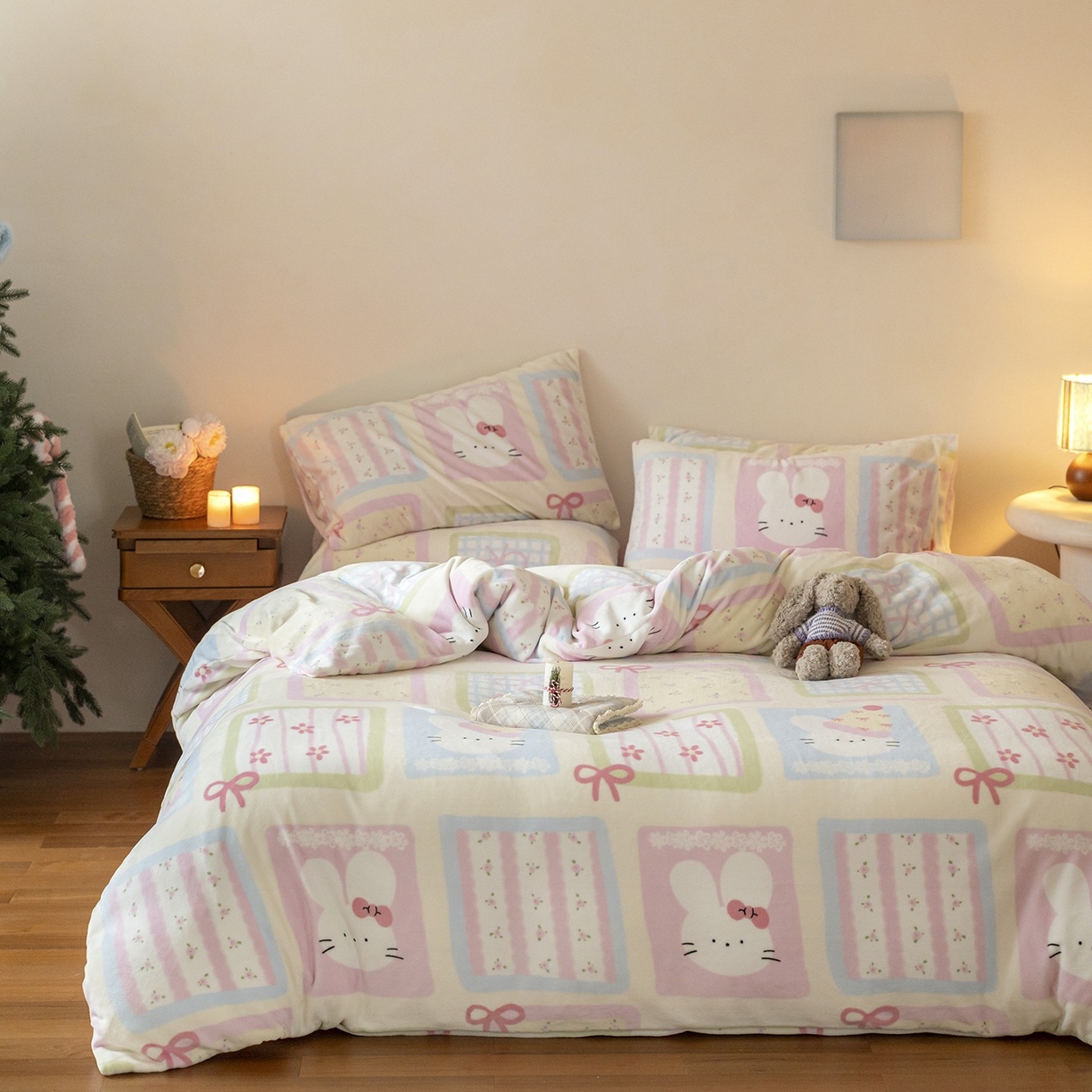 91家纺网 家纺一手货源 找家纺 时光里 2025新款230克印花牛奶绒系列四件套 奶兔团