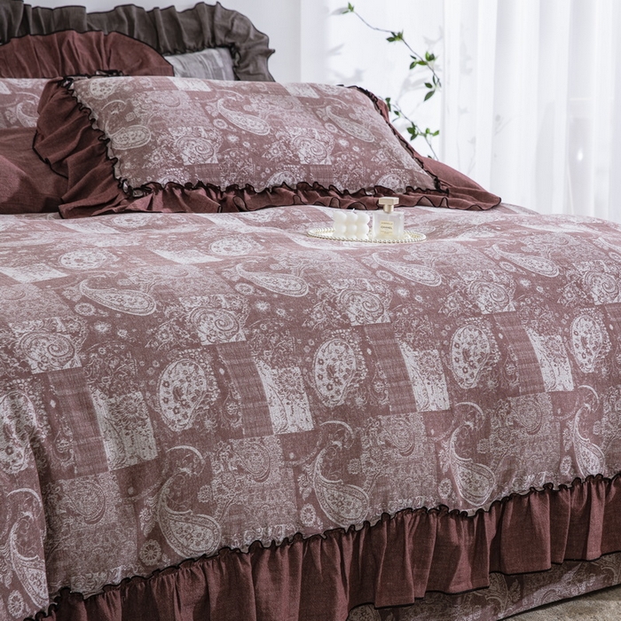 91家纺网 家纺一手货源 找家纺 鲁爱家纺供货 2025新款韩版色织提花四件套 兰亭序-豆沙