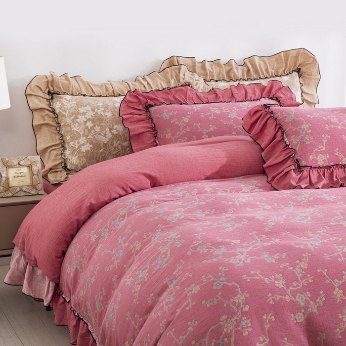 91家纺网 家纺一手货源 找家纺 鲁爱家纺供货 2025新款韩版色织提花四件套 梅醉春秋-粉