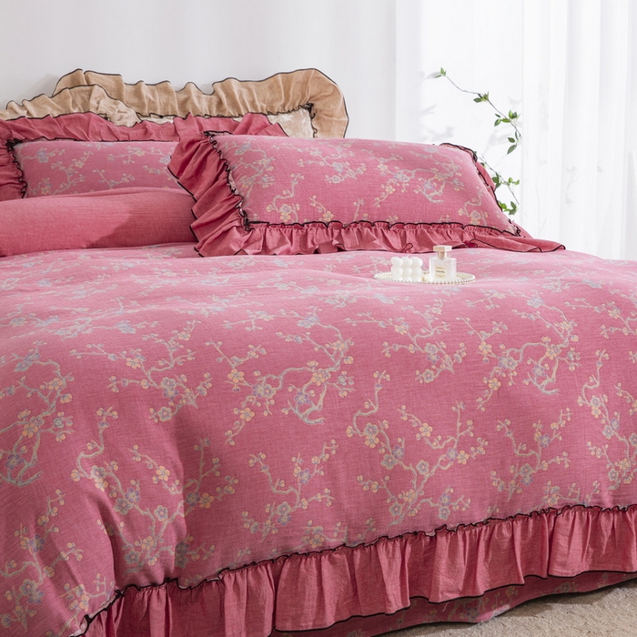 91家纺网 家纺一手货源 找家纺 鲁爱家纺供货 2025新款韩版色织提花四件套 梅醉春秋-粉