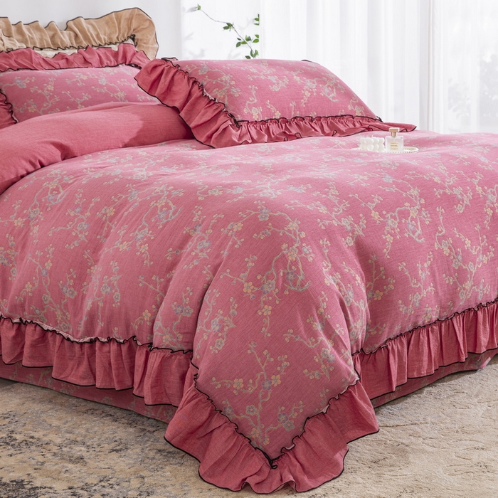 91家纺网 家纺一手货源 找家纺 鲁爱家纺供货 2025新款韩版色织提花四件套 梅醉春秋-粉