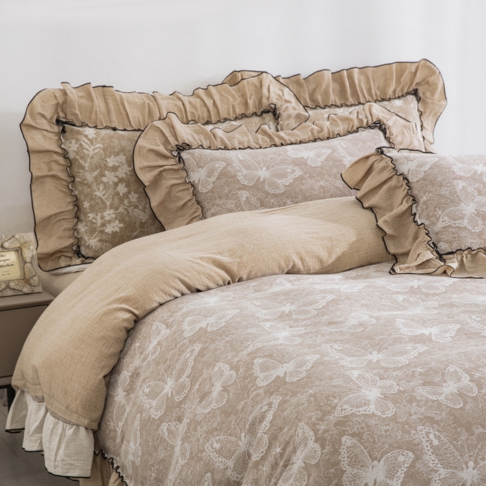 91家纺网 家纺一手货源 找家纺 鲁爱家纺供货 2025新款韩版色织提花四件套 梦蝶-浅咖