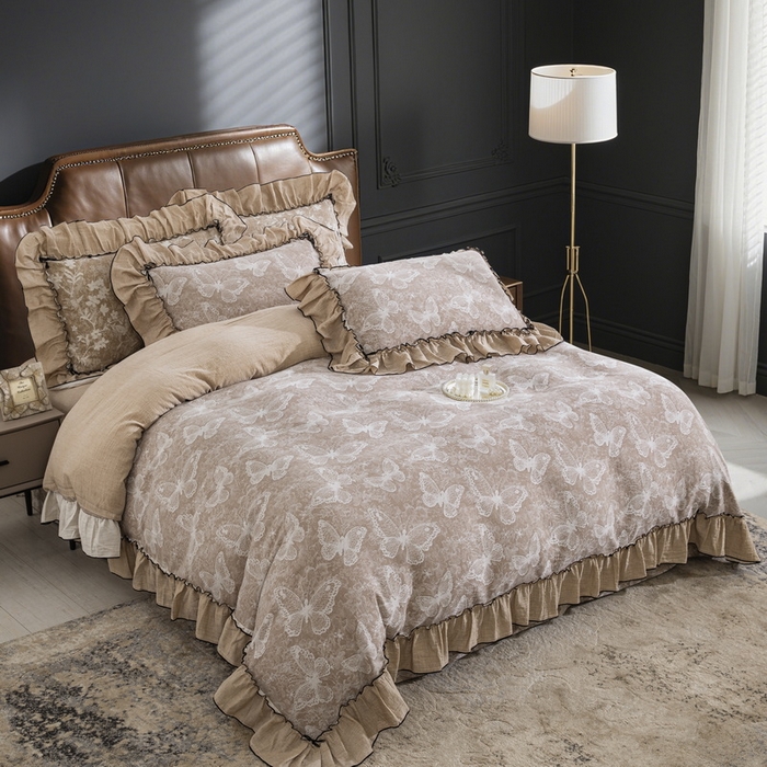 鲁爱家纺供货 2025新款韩版色织提花四件套 梦蝶-浅咖