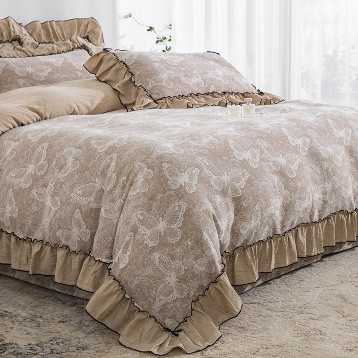 91家纺网 家纺一手货源 找家纺 鲁爱家纺供货 2025新款韩版色织提花四件套 梦蝶-浅咖