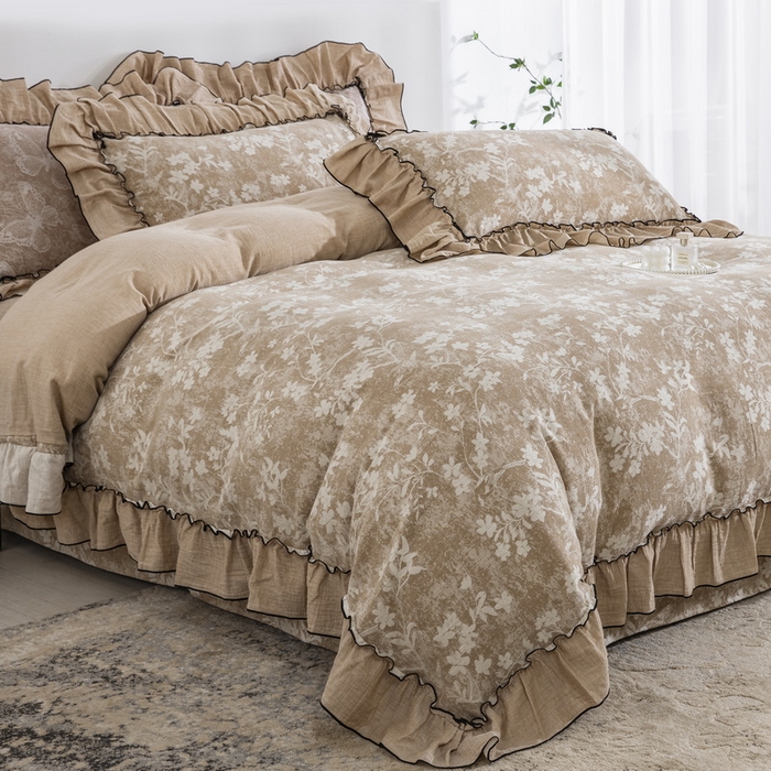 91家纺网 家纺一手货源 找家纺 鲁爱家纺供货 2025新款韩版色织提花四件套 鸟语花香-浅咖