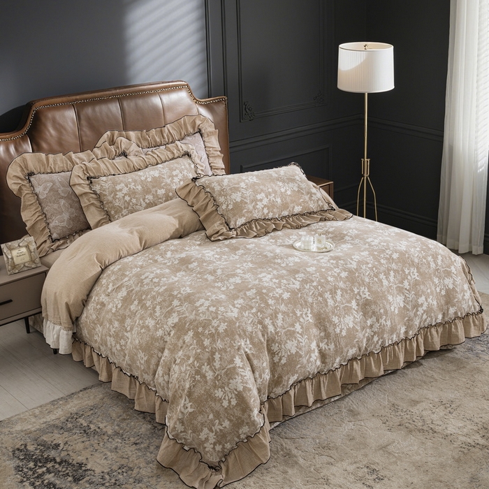 鲁爱家纺供货 2025新款韩版色织提花四件套 鸟语花香-浅咖