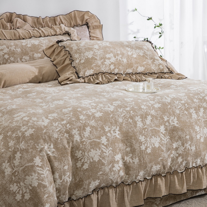 91家纺网 家纺一手货源 找家纺 鲁爱家纺供货 2025新款韩版色织提花四件套 鸟语花香-浅咖