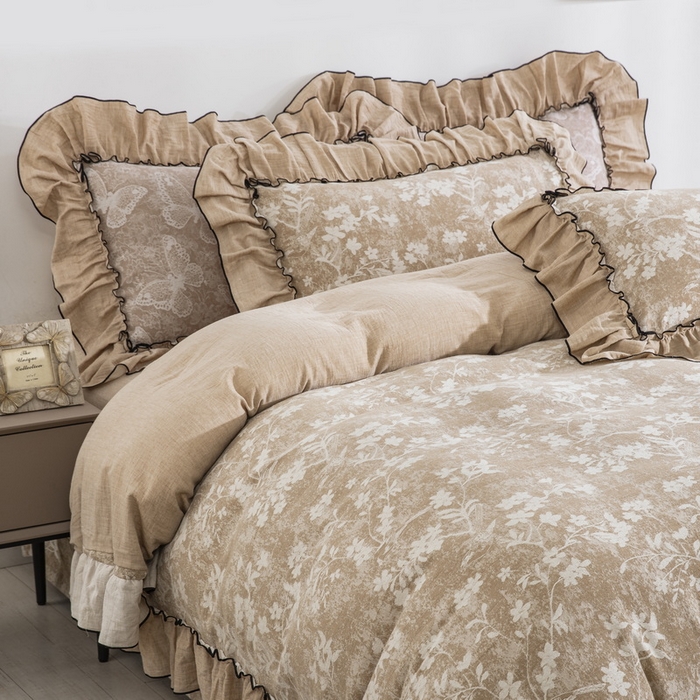 91家纺网 家纺一手货源 找家纺 鲁爱家纺供货 2025新款韩版色织提花四件套 鸟语花香-浅咖