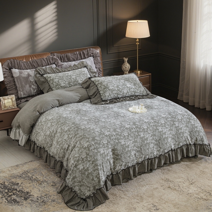 鲁爱家纺供货 2025新款韩版色织提花四件套 醉云间-绿