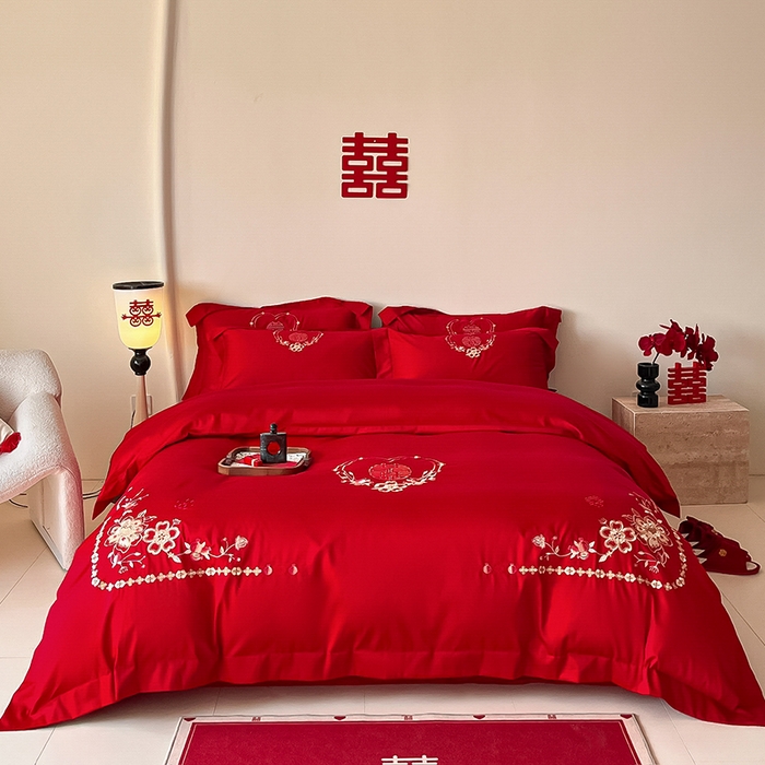 91家纺网 家纺一手货源 找家纺 （总）置顶家纺 2025新款亲肤磨毛刺绣婚庆四件套系列-实拍