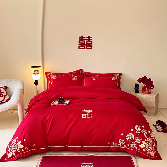 91家纺网 家纺一手货源 找家纺 （总）置顶家纺 2025新款亲肤磨毛刺绣婚庆四件套系列-实拍