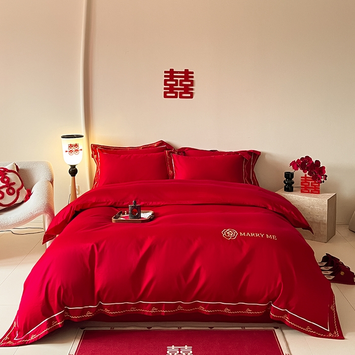 置顶家纺 2025新款亲肤磨毛刺绣婚庆四件套系列-实拍 巴黎恋人-大红