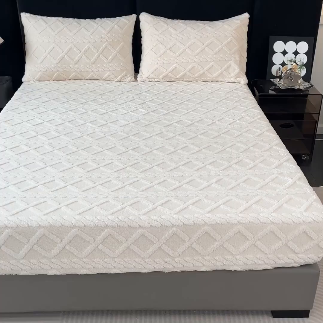 91家纺网 家纺一手货源 找家纺 米瑞娜 2025秋冬新款塔芙绒床笠三件套跨境单床笠外贸单品现货尺寸齐全 马尾型-白色