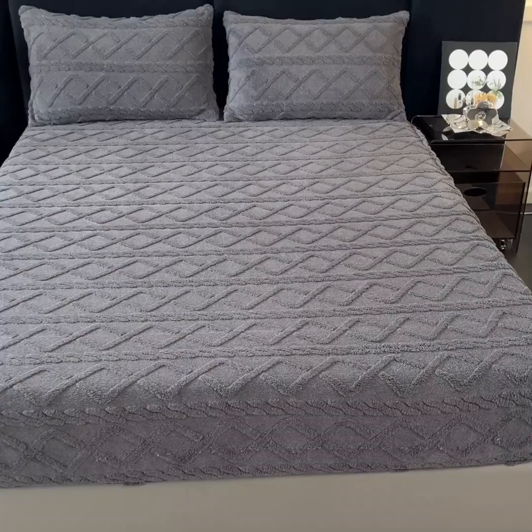 91家纺网 家纺一手货源 找家纺 米瑞娜 2025秋冬新款塔芙绒床笠三件套跨境单床笠外贸单品现货尺寸齐全 马尾型-灰色