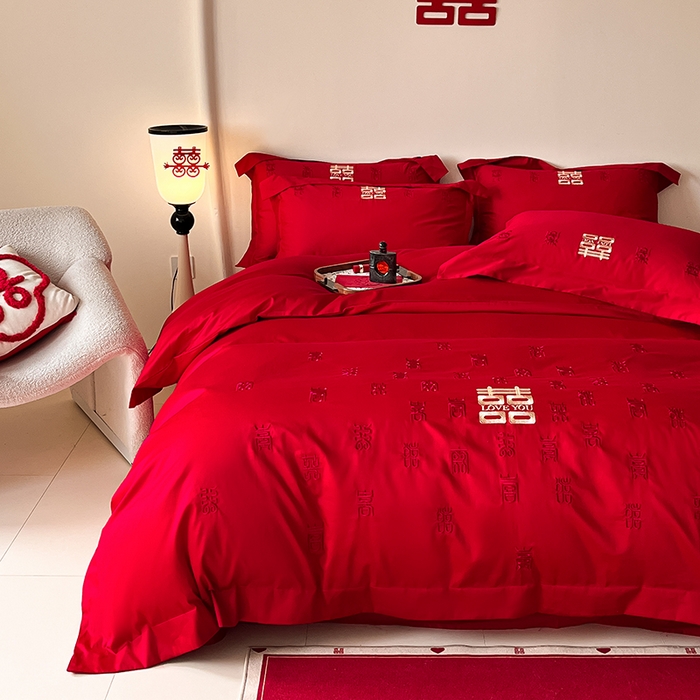 91家纺网 家纺一手货源 找家纺 置顶家纺 2025新款亲肤磨毛刺绣婚庆四件套系列-实拍 百囍图-大红