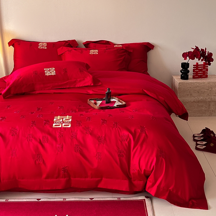 91家纺网 家纺一手货源 找家纺 置顶家纺 2025新款亲肤磨毛刺绣婚庆四件套系列-实拍 百囍图-大红