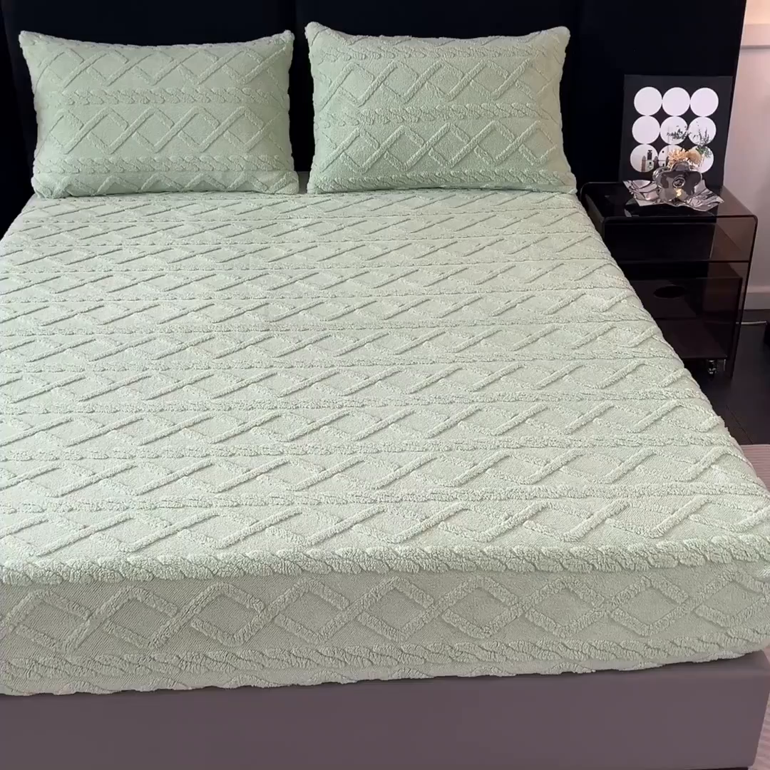 91家纺网 家纺一手货源 找家纺 米瑞娜 2025秋冬新款塔芙绒床笠三件套跨境单床笠外贸单品现货尺寸齐全 马尾型-果绿