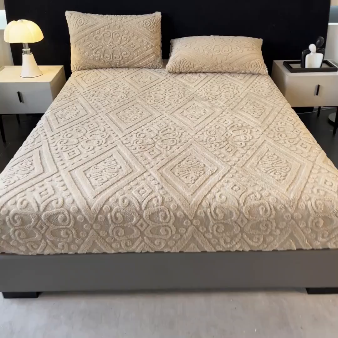 91家纺网 家纺一手货源 找家纺 米瑞娜 2025秋冬新款塔芙绒床笠三件套跨境单床笠外贸单品现货尺寸齐全 欧式床笠-卡其