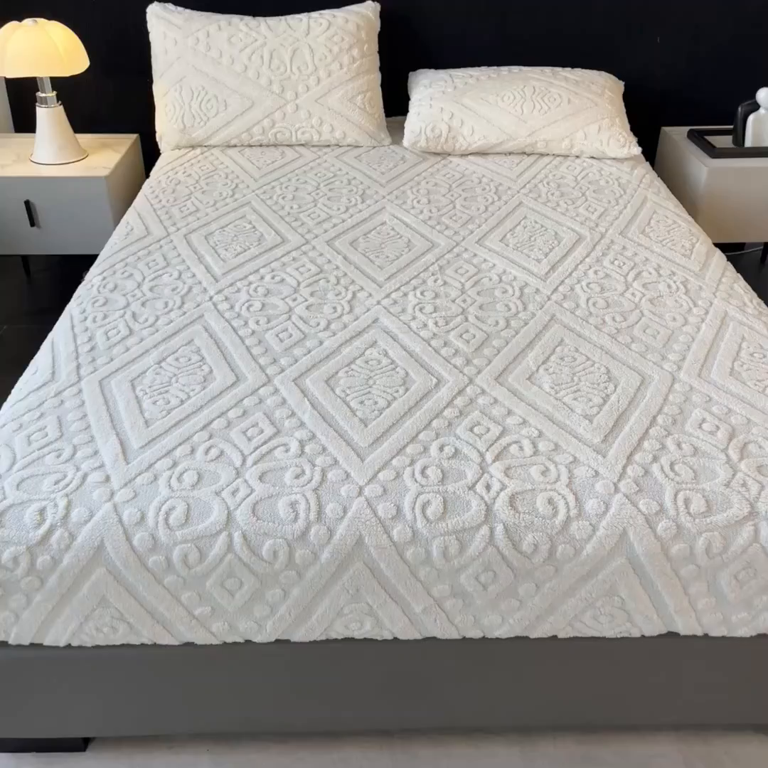 91家纺网 家纺一手货源 找家纺 米瑞娜 2025秋冬新款塔芙绒床笠三件套跨境单床笠外贸单品现货尺寸齐全 欧式床笠-白色