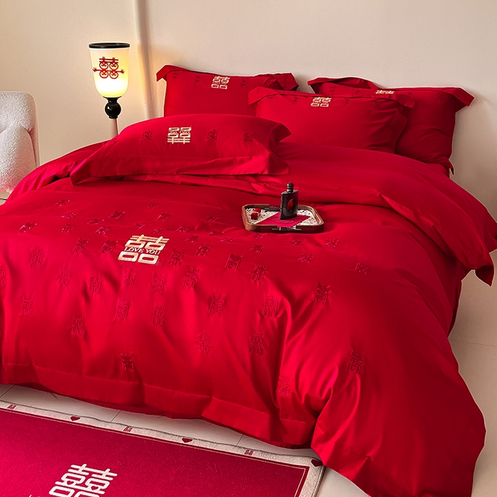 91家纺网 家纺一手货源 找家纺 置顶家纺 2025新款亲肤磨毛刺绣婚庆四件套系列-实拍 百囍图-大红