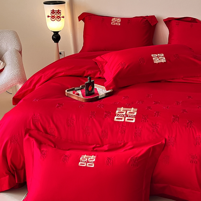 91家纺网 家纺一手货源 找家纺 置顶家纺 2025新款亲肤磨毛刺绣婚庆四件套系列-实拍 百囍图-大红