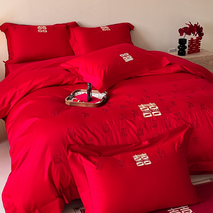 91家纺网 家纺一手货源 找家纺 置顶家纺 2025新款亲肤磨毛刺绣婚庆四件套系列-实拍 百囍图-大红