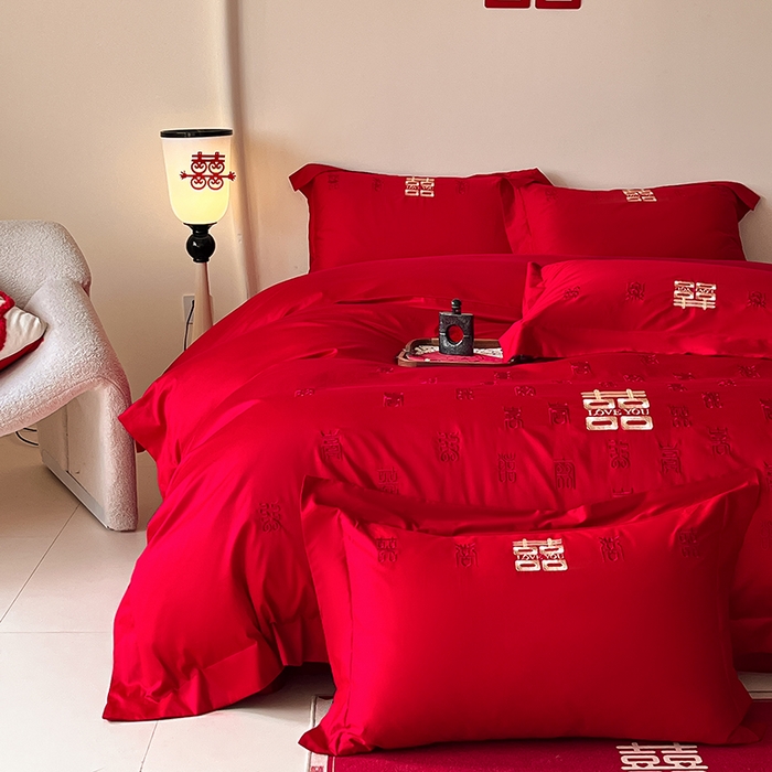 91家纺网 家纺一手货源 找家纺 置顶家纺 2025新款亲肤磨毛刺绣婚庆四件套系列-实拍 百囍图-大红