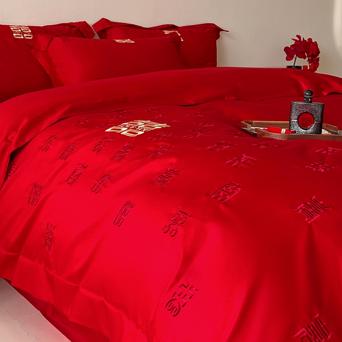 91家纺网 家纺一手货源 找家纺 置顶家纺 2025新款亲肤磨毛刺绣婚庆四件套系列-实拍 百囍图-大红