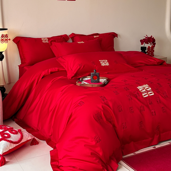 91家纺网 家纺一手货源 找家纺 置顶家纺 2025新款亲肤磨毛刺绣婚庆四件套系列-实拍 百囍图-大红