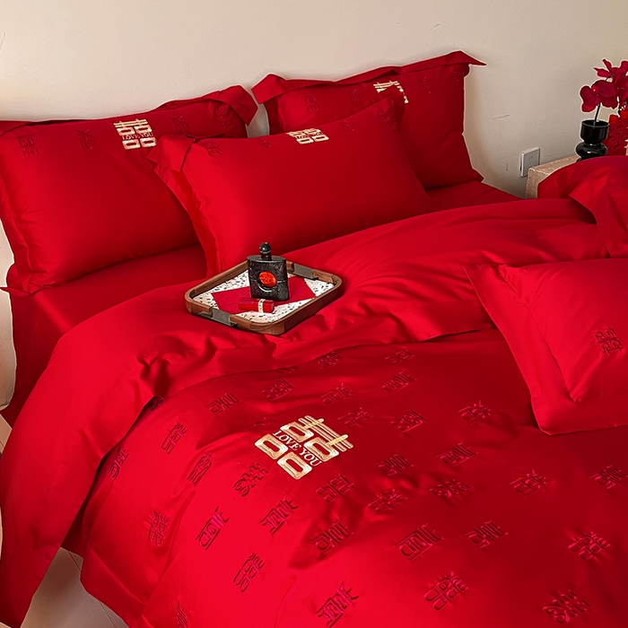 91家纺网 家纺一手货源 找家纺 置顶家纺 2025新款亲肤磨毛刺绣婚庆四件套系列-实拍 百囍图-大红